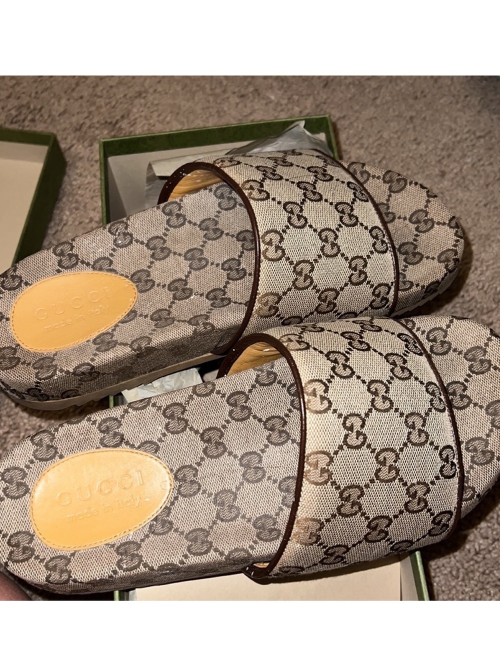 Gucci Beige GG Canvas Slide Mules with Brown Trim